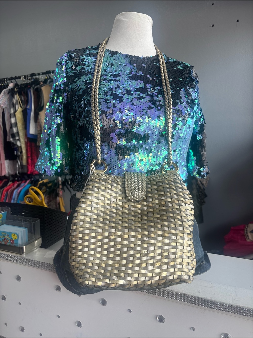 Woven Metallic Crossbody Bag — Gold
